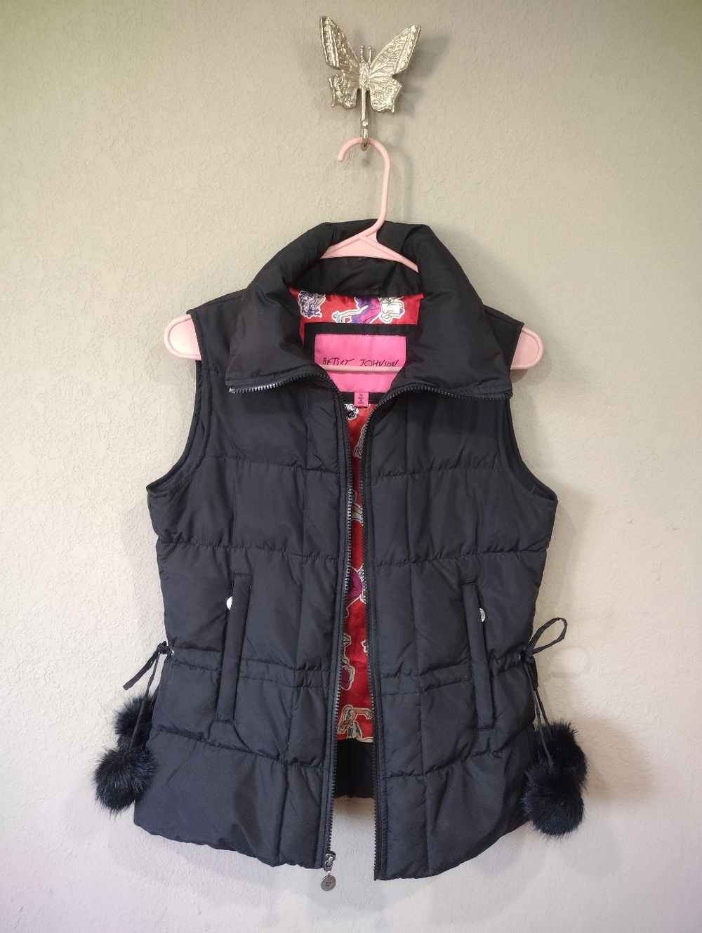 Betsey Johnson Black Quilted Puffer Vest with Faux Fur Pom Pom Detail